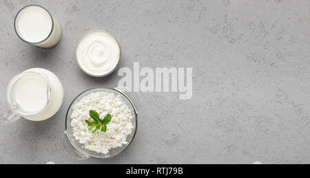 Diversi prodotti lattiero-caseari su sfondo grigio, vista dall'alto, copia dello spazio. La proteina del latte Concept Foto Stock