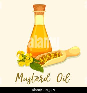 Bottiglia con olio di senape con semi nel convogliatore Illustrazione Vettoriale