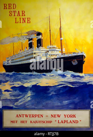 1920 poster vintage della stella rossa linea che mostra la SS Lapponia nave passeggeri vela sotto bandiera belga tra Anversa, Belgio e New York, Stati Uniti d'America Foto Stock