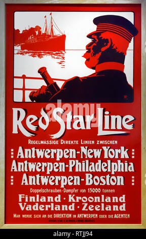 Xix secolo poster vintage della Red Star Line pubblicità incroci sotto bandiera belga tra Anversa e gli Stati Uniti Foto Stock