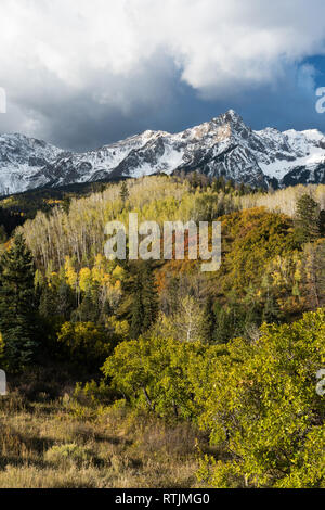 Montare Sneffels Mountain Range con una fresca prima neve d'autunno. Aspen, pini e roverella aggiungere al colorato in primo piano. Foto Stock