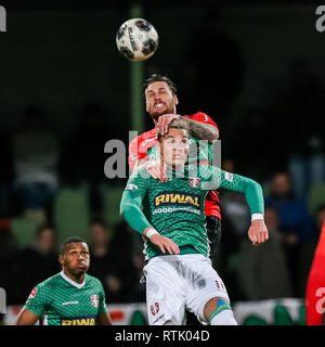 Dordrecht, Paesi Bassi. 01 Mar, 2019. Riwal Hoogwerkers Stadium, calcio, stagione 2018/2019, Keuken Kampioen Divisie, FC Dordrecht - NEC, FC Dordrecht player Joel Zwarts NEC player Mathias Bossaerts Credito: Pro scatti/Alamy Live News Foto Stock