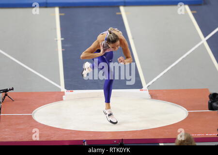 Glasgow, Scotland, Regno Unito. 1 Marzo, 2019. Niamh Emerson durante gli Europei Indoor Athletics Championships 2019 donne Pentathlon del colpo messo Credit: Ben Booth/Alamy Live News Foto Stock