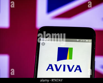 Kiev, Ucraina. 28 Feb, 2019. Aviva Plc logo che si vede visualizzato su un telefono intelligente. Credito: Igor Golovniov SOPA/images/ZUMA filo/Alamy Live News Foto Stock