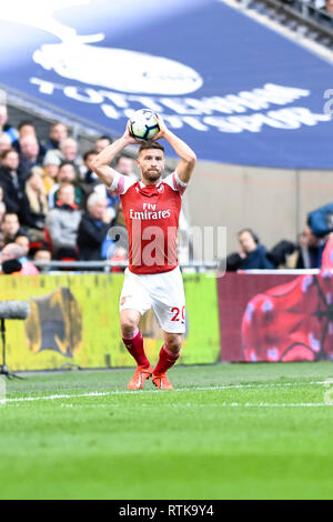 Londra, Regno Unito. 2 marzo 2019. Shkodran Mustafi di Arsenal durante il match di Premier League tra Tottenham Hotspur e Arsenal allo Stadio di Wembley a Londra, Inghilterra il 2 marzo 2019. Foto di Adamo di Loreto. Solo uso editoriale, è richiesta una licenza per uso commerciale. Nessun uso in scommesse, giochi o un singolo giocatore/club/league pubblicazioni. Foto Stock