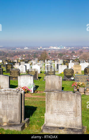 Più calde di febbraio sul record - Fox cimitero dissimulata affacciato sulla città di Warrington sotto il sole Foto Stock