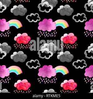Carino acquerello nuvole con pioggia e Rainbow. Modello senza cuciture con acquarello oggetti isolati su sfondo nero per il vostro design: tessile, tessuto, Foto Stock