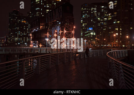 Notte scenic del Gantry Plaza stato parco nella città di Long Island, New York di notte Foto Stock
