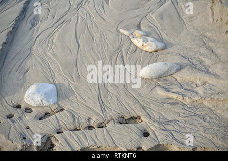 Rocce sulla spiaggia sabbiosa sono rivelati come la marea si ritira, Refugio State Beach, Goleta, CA. Foto Stock