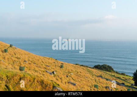 TAURANGA NUOVA ZELANDA - Febbraio 15 2019; vista da Mount Maunganui di collina che conduce al mare con nave portacontainer in distanza arrivano al porto di Tau Foto Stock