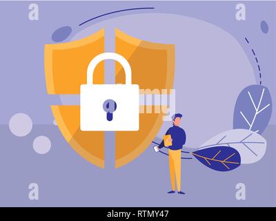 L'uomo utilizzando la protezione di sicurezza icona isolato illustrazione vettoriale design Illustrazione Vettoriale