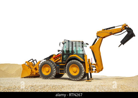 Il caricatore retroescavatore o bulldozer - Escavatore con percorso di clipping isolati su sfondo bianco Foto Stock