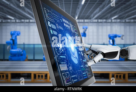 Smart factory concetto con 3D rendering robot di lavorare con computer in fabbrica Foto Stock
