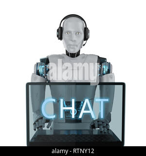 Chat bot concetto con 3D rendering robot umanoide con cuffia funziona su computer notebook Foto Stock