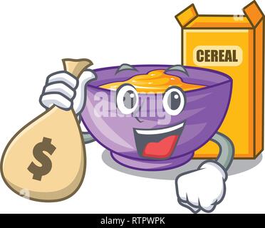 Con denaro sacchetto scatola di cereali in una ciotola cartoon Illustrazione Vettoriale