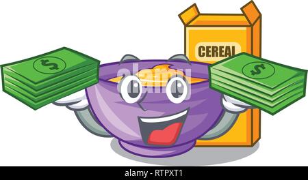 Con denaro sacchetto scatola di cereali in forma mascotte Illustrazione Vettoriale