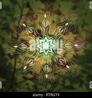 Mandala su foglie verdi natura dello sfondo. Vector boho mandala. Modello di yoga, psichedelico, psicologia Illustrazione Vettoriale