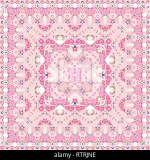 Rosa luminoso colorato fazzoletto. Ricco di Pattern suggestivo per una sciarpa. Ornamento di quadri in stile orientale. Illustrazione Vettoriale. Illustrazione Vettoriale