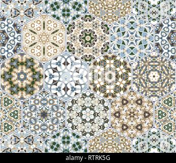 Set di vettore arabo seamless pattern. Raccolta di esagonale di piastrelle in ceramica in sfumature di blu e marrone. Decorativi ed elementi di design per i tessili, Illustrazione Vettoriale