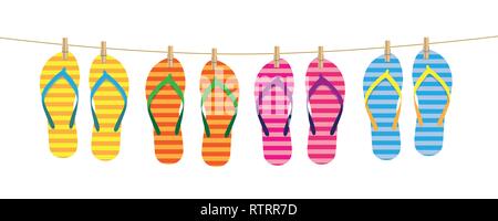 Striped flip flop appendere su una linea collegata con clothespins illustrazione vettoriale EPS10 Illustrazione Vettoriale