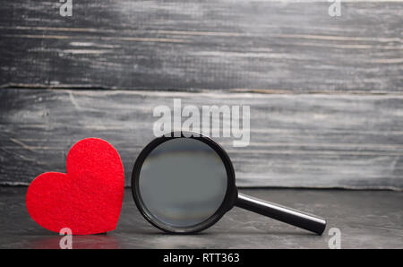 Cuore rosso e lente di ingrandimento. Concetto di amore e di relazioni. Ricerca dell'amore. Il giorno di San Valentino. La solitudine. Trovare un donatore per le trasfusioni di sangue. Foto Stock