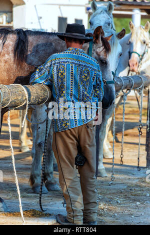 Francese antico Cowboy lavora con i suoi cavalli in un ranch in Camargue Foto Stock