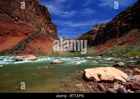 Hance Rapids nel Parco Nazionale del Grand Canyon, Arizona, rosso con pareti del canyon sotto un profondo cielo blu. Foto Stock