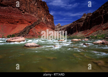 Hance Rapids nel Parco Nazionale del Grand Canyon, Arizona, rosso con pareti del canyon sotto un profondo cielo blu. Foto Stock