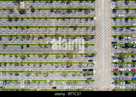 Vista superiore della lineare di un parcheggio auto e le linee verdi a Shenzhen, Cina. Foto Stock