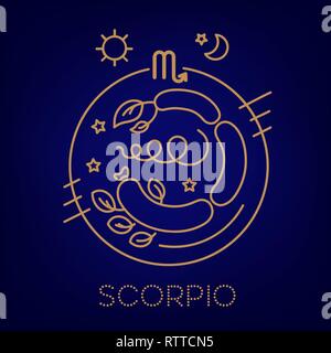 Vettore di scorpione segni dello zodiaco in cerchi di colore oro su sfondo blu. Previsioni astrologiche, oroscopo per un unico segno. Logo, o tatuaggio Illustrazione Vettoriale