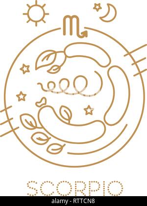 Vettore di scorpione segni dello zodiaco in cerchi di colore oro su sfondo bianco. Previsioni astrologiche, oroscopo per un unico segno. Il logo tattoo Illustrazione Vettoriale