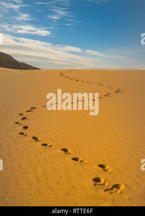 Impronte di piedi umani sul deserto golden color sabbia Foto Stock