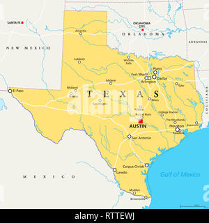Texas, mappa politico, con capitale Austin, bordi importanti città, fiumi e laghi. Membro nel sud regione centrale degli Stati Uniti. Foto Stock