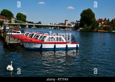 Noleggio barche ormeggiate sulla riva del fiume Tamigi a Marlow, Buckinghamshire, Inghilterra, Regno Unito. Marlow Bridge in distanza. Foto Stock