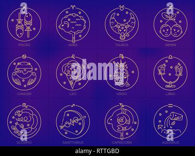 Vector segni dello zodiaco in cerchi di colore oro su sfondo blu, logo tatuaggio o illustrazione. Previsioni astrologiche, cibo oroscopo Illustrazione Vettoriale