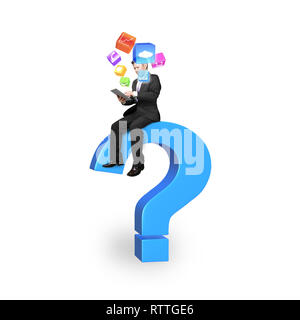 Imprenditore utilizzando tablet seduti sul punto interrogativo di colore blu con le icone delle app e sfondo bianco Foto Stock