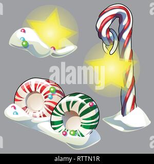 Set di dolci di Natale isolato su sfondo grigio. Vector cartoon close-up illustrazione. Illustrazione Vettoriale