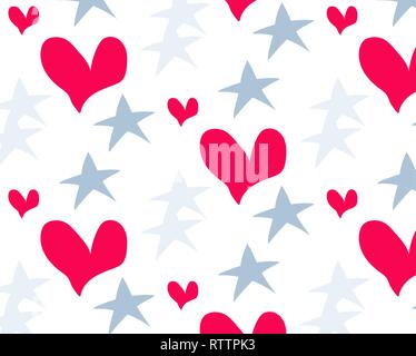 Cuori rosa, grigio stelle luminose pattern su sfondo bianco Illustrazione Vettoriale