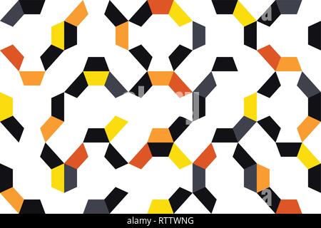 Senza cuciture, sfondo astratto modello realizzato con pezzi colorati di decagono forme. Giocoso, moderno vettore arte in arancione, rosso, grigio e nero i colori. Illustrazione Vettoriale