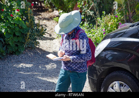 Donna con cappello per il sole in piedi fuori in attesa per il bus e la scrittura in un libro Foto Stock
