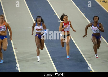 Glasgow, Scotland, Regno Unito. 2 Marzo, 2019. I Paesi Bassi " Dafne Schippers, Gran Bretagna Asha Philip, Svizzera Kambundji Mujinga e Gran Bretagna Kristal Awuah, competere nel femminile 60 metri finale, durante il giorno 2 del Glasgow 2019 Europeo di Atletica Leggera Indoor campionati, a Emirates Arena. Iain McGuinness / Alamy Live News Foto Stock