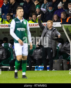 Edimburgo, Scozia, Regno Unito. 02marzo, 2019. Coppa scozzese Quarti di Finale - Hibernian V Celtic, Edimburgo, Midlothian, Regno Unito. 02Mar, 2019. Pic mostra: un pollice in alto da Celtic Manager, Neil Lennon, come Hibs ospitano Celtic nei quarti di finale della Coppa Scozzese a Easter Road Stadium, Edimburgo Credito: Alamy/Ian Jacobs Credito: Ian Jacobs/Alamy Live News Foto Stock