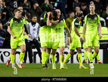 Edimburgo, Scozia, Regno Unito. 02marzo, 2019. Coppa scozzese Quarti di Finale - Hibernian V Celtic, Edimburgo, Midlothian, Regno Unito. 02Mar, 2019. Pic mostra: centrocampista dei Celtic, Scott Brown, e israeliano difensore centrale, Nir Bitton, celebrare dopo Brown mette i visitatori 2 avanti come Hibs ospitano Celtic nei quarti di finale della Coppa Scozzese a Easter Road Stadium, Edimburgo Credito: Alamy/Ian Jacobs Credito: Ian Jacobs/Alamy Live News Foto Stock