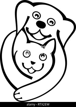 Cane e gatto abbraccio insieme con amore, per amante degli animali, cliniche veterinarie e ricoveri animali senzatetto, logo illustrazione vettoriale su sfondo bianco. Illustrazione Vettoriale