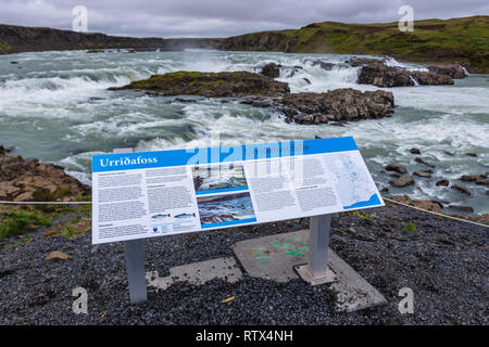 Scheda Informazioni in cascata Urridafoss situato nel fiume Thjorsa nel sud-ovest dell'Islanda Foto Stock