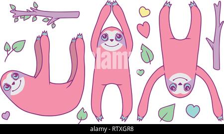 Carino vettore collezione set con happy cartoon rosa pastello bradipo animali con foglie e rami di alberi e di cuori Illustrazione Vettoriale