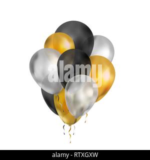 Grappolo di palloncini di lusso in oro, argento e nero i colori isolato su bianco Illustrazione Vettoriale