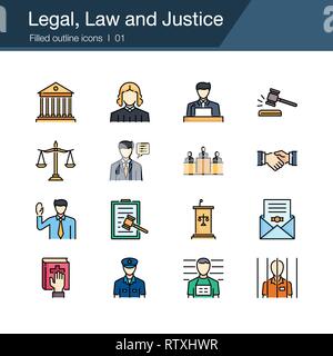 Legale, il diritto e la giustizia delle icone. Riempito schema di progettazione. Per la presentazione, la progettazione grafica, l'applicazione mobile, web design, infographics, UI. Vector illust Illustrazione Vettoriale