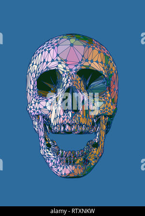 Cranio a bocca aperta davanti con colori iridescenti stile su sfondo blu Foto Stock