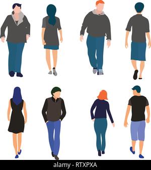 Set di uomini e donne a piedi vista anteriore e posteriore design piatto isolato su sfondo bianco Illustrazione Vettoriale